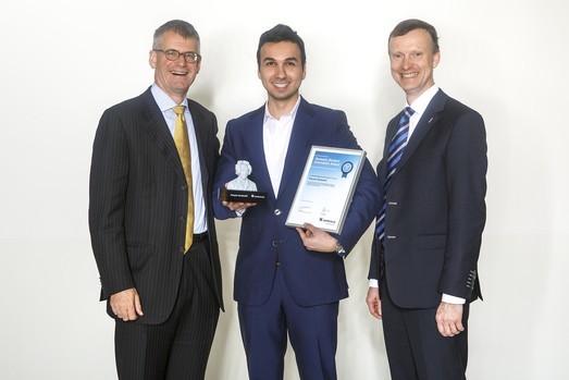 Doctorate Thesis Award: Pouyan Sardashti for the best doctoral thesis "Methodologies for Obtaining Reliable Indicators for the Environmental Stress Cracking Resistance of Polyethylene". Image f.l.t.r.: Mark Garrett, Pouyan Sardashti, Maurits Van Tol.