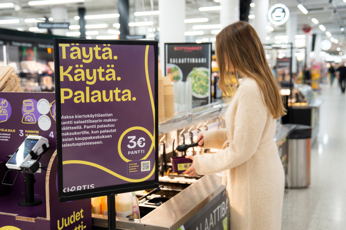 Customers at selected HOK-Elanto and K Group stores can fill reusable takeaway boxes with fresh meals, then return them to be cleaned and used again.