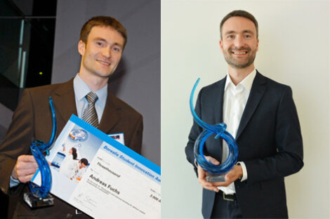 Andreas Fuchs, Borealis Senior Scientist, with his Borealis Student Innovation Award trophy in 2008 and today.