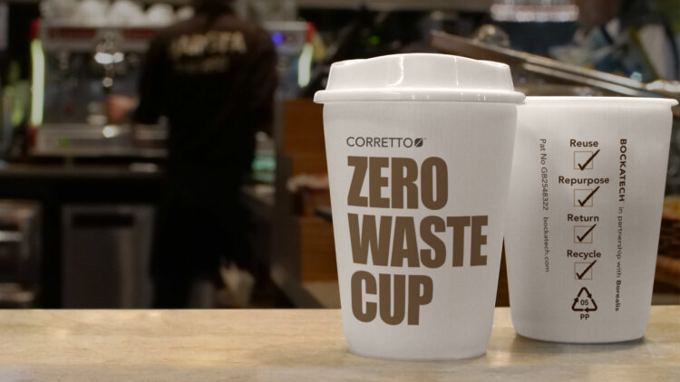 Photo: Corretto™ is a cost-neutral, recyclable, re- usable and returnable to-go cup for quick service  restaurants, food service providers and  events / stadiums which uses Bockatech EcoCore™ and the grades Borealis  BH381MO and Borealis Daploy™ WB140HMS.