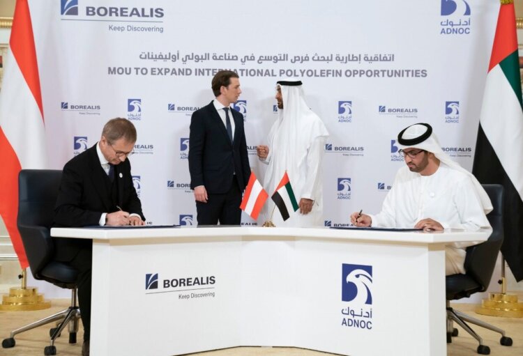photo: Borealis CEO Alfred Stern & Dr Sultan Al Jaber, Minister of State and ADNOC group chief executive signing agreements to strengthen the partnership between ADNOC and Borealis.
