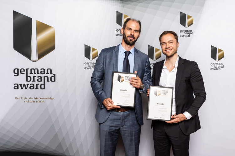 photo: Borealis wins twice in category “Excellence in Brand Strategy & Creation”. Borealis Head of Communications (ad interim) Andreas Hummel & Max Riedel, Interbrand received the renowned awards in Berlin.