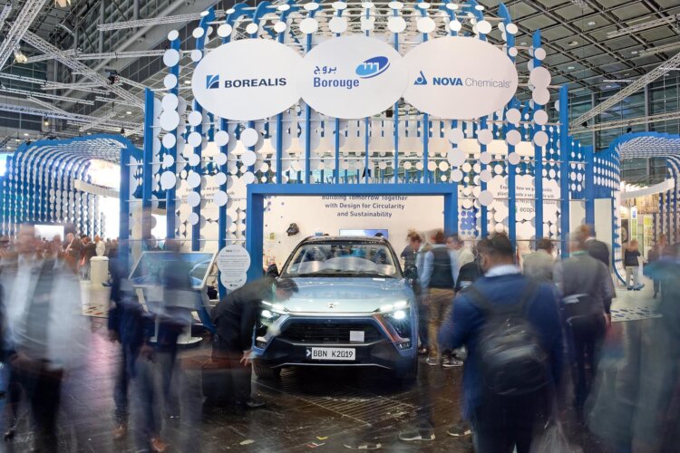 Photo: The new NIO ES8 is displayed at the Borealis, Borouge & Nova Chemicals stand at the K 2019