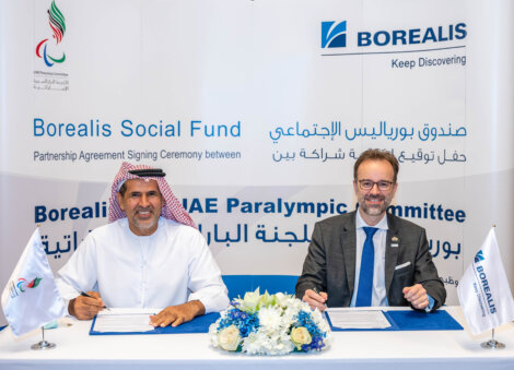 Partnership Agreement between Borealis and UAE Paralympic Committee signed by Thomas Gangl, Borealis CEO & H. E. Mohammed M. Fadhel Al Hameli, Chairperson of the UAE Paralympic Committee.