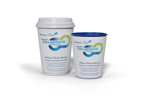 Photo: The 430ml 14g ultra lightweight and 250ml 15g lightweight foamed PP reusable and recyclable cups made with EcoCore will be displayed on Borealis and Borouge stand at K 2022.
