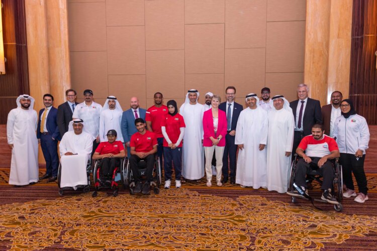 CEO Thomas Gangl, EVP JV & Growth Projects, Philippe Roodhooft and Thomas Boesen, VP Middle East, with representatives from three organisations (Emirates Foundation, UAE Paralympic Committee and Emirates National Schools)