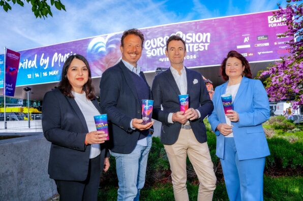 Photo: from left to right: Shanila Baseley (Vice President Sales Borealis GmbH), Michael Krön (Executive Producer Eurovision Song Contest 2026), Harald Hauke (ARA Spokesperson of the Executive Board), Beatrix Praeceptor (CEO Greiner Packaging)